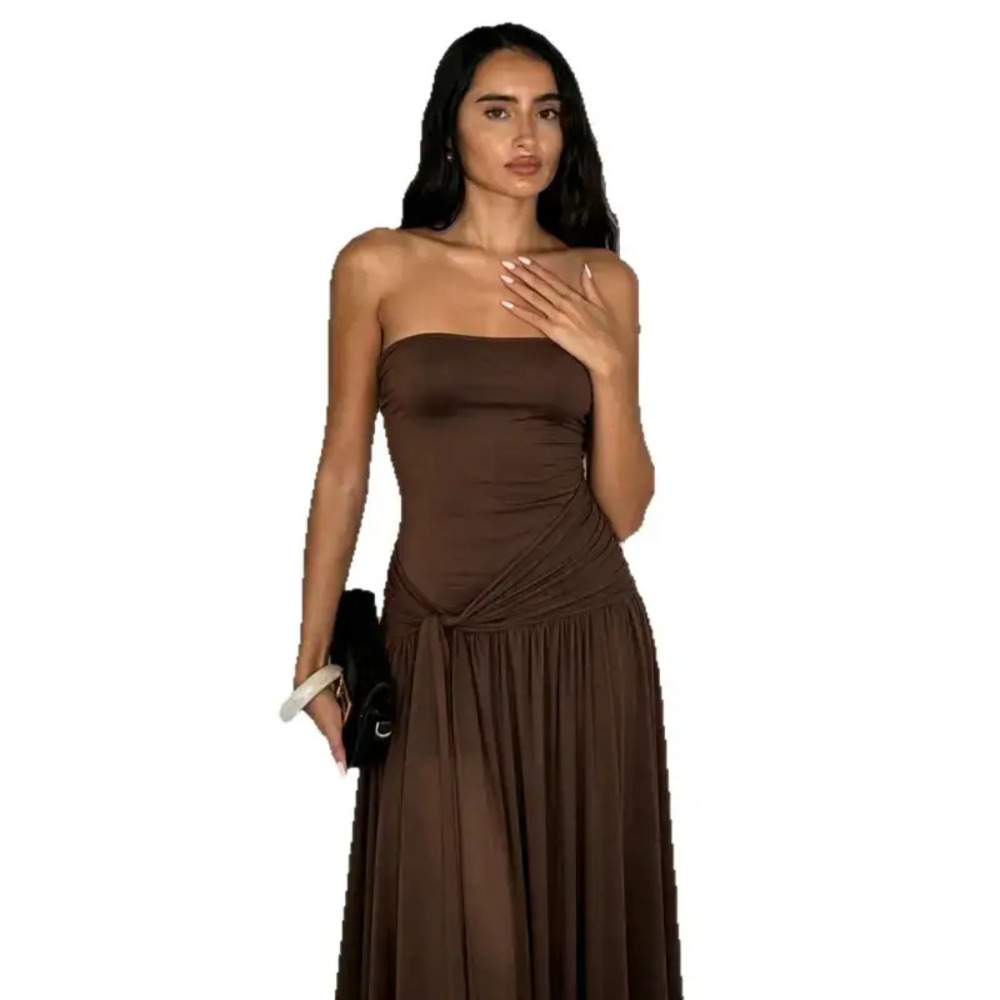 Strapless Lace Up Cinched Waist Tulle Flowy Gown Resort Slim Off Shoulder